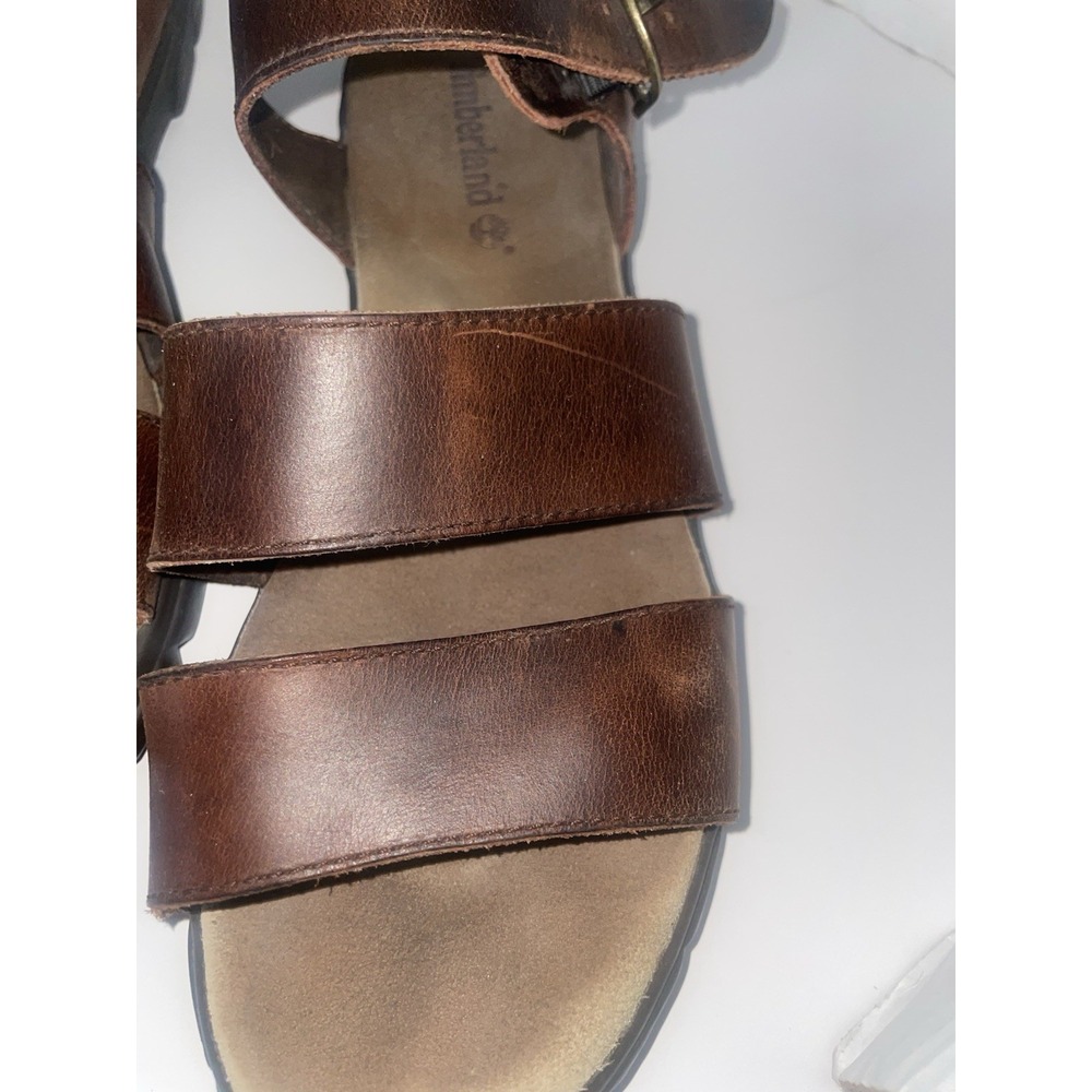 Timberland Womens 10M Double Strap Flat Sandals Brown Leather Open Toe Casual - Picture 2 of 8